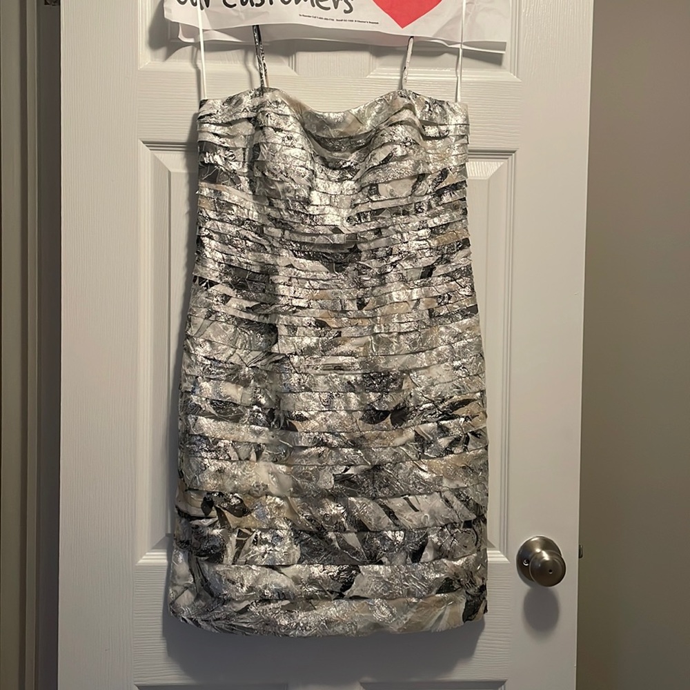 IS collection silver layered cocktail dress can be worn with straps or strapless